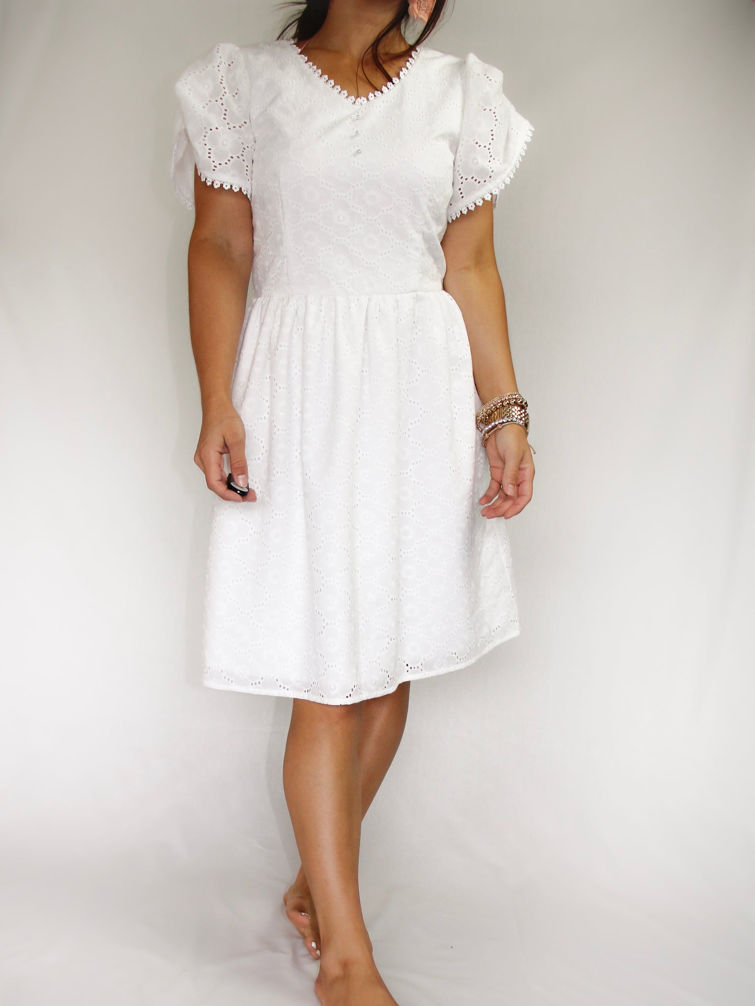 White cotton eyelet shop dress